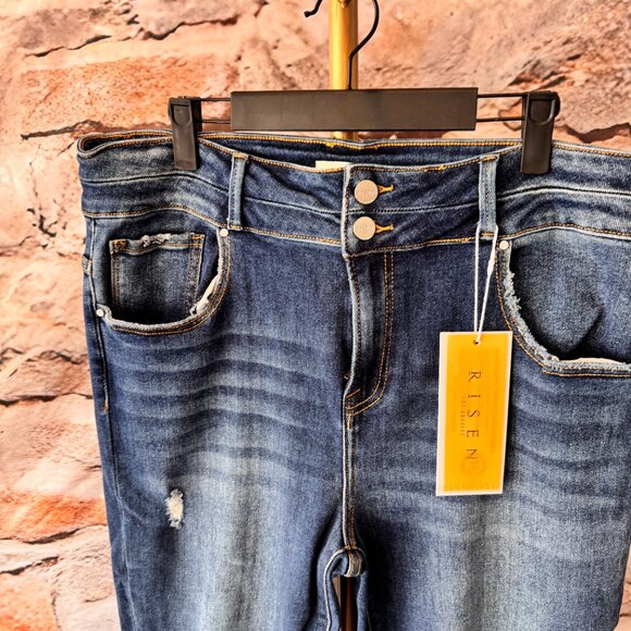 Risen - High Rise Double Button Ankle Distressed Jeans - Medium Wash - 1x - NWT - Picture 4 of 11